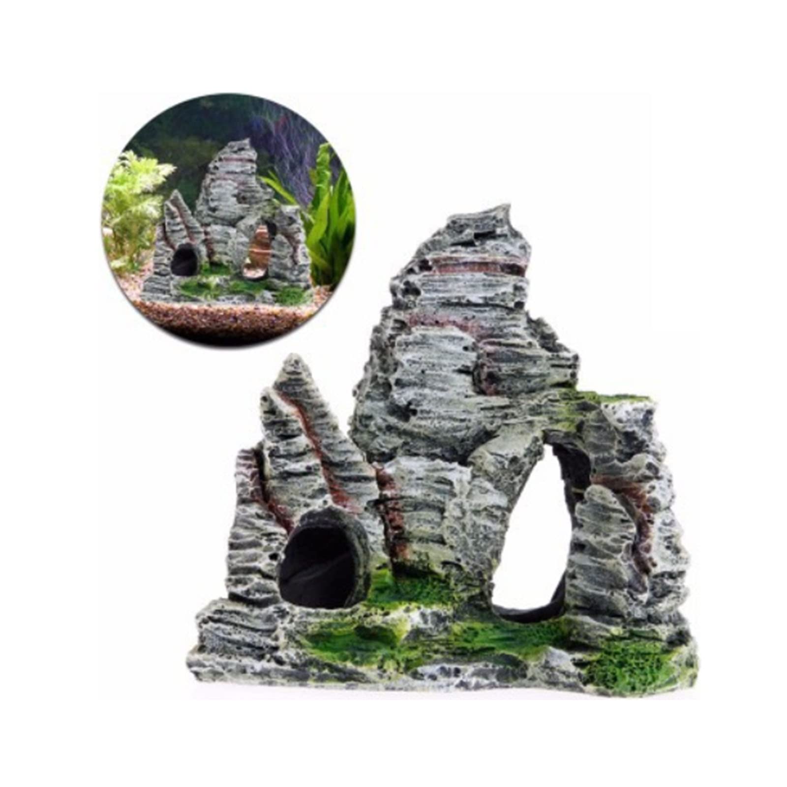 KewMayer 1 x Aquarium Rock Cave Decoration with Green Grass for Fish Shrimp Hiding Mountain View Moss Tree House Stone Natural Look Rock Cave for Fish Shrimp Hiding Aquarium Decoration