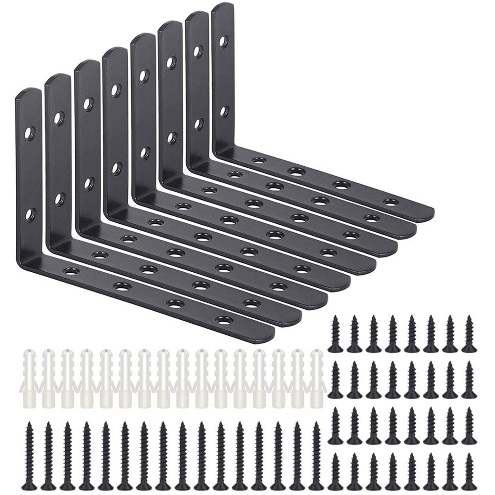 STARVAST Shelf Bracket, 8 Wall Support Corner Brace, 90 Degree Angle Bracket 125mm x 75mm x 20mm, Home Wall Rack Support Tools With 48 Screws and 16 Anchors (Black)