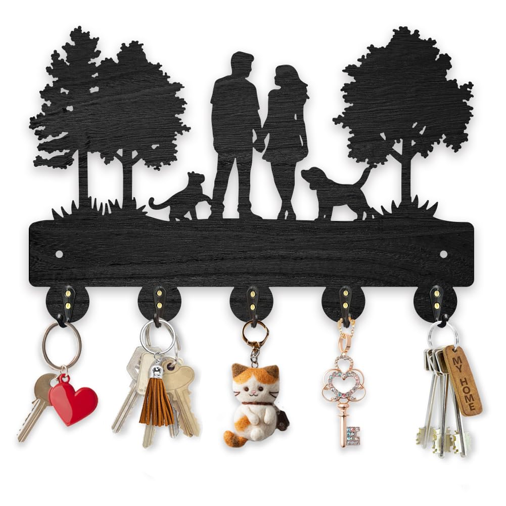 MAYJOYDIY Wood Key Holder for Wall, 30x20cm, Family Tree Design with Cat Dog Pattern, 5 Alloy Hooks, Black, Wall Mount, Modern Decorative Style, for Entryway, Living Room, Kitchen, Office