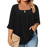 Siddhe Womens Plus Size Tops Loose Fit 3/4 Ruffle Sleeve Blouses Square Neck T Shirt Casual Tunic Tops(1X-5X)