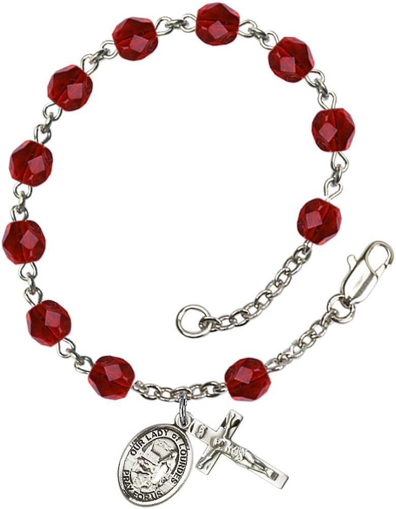 Bonyak Jewelry Our Lady of Lourdes Silver Plate Rosary Bracelet 6mm Fire Polished Beads Every Birth Month Color