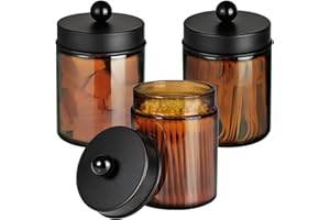 Komashr Amber Glass Qtip Holder, Apothecary Jar,Qtip Dispenser with Metal Lid & Stickers- 3Pack Containers,Vanity Canister Organizer Storage,Bathroom Accessories Set for Cotton Swab, Ball, Pad, Floss