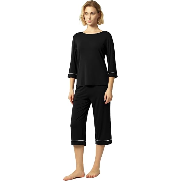 GYS Women's Bamboo Viscose Capri Pajama Set - Soft, Breathable, Crossover Top, 3/4 Sleeve