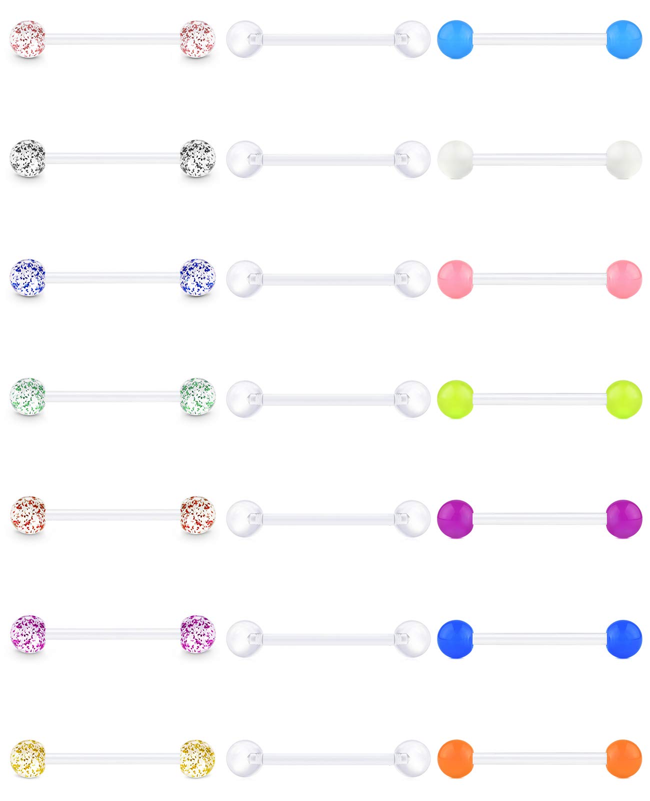 VCMART 21pcs Plastic Tongue Nipple Rings Bars Set 14G Flexible Bioflex Acrylic Piercing Retainers 12/14/16/18mm