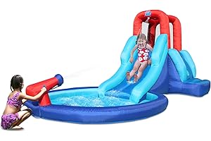 ACTION AIR Inflatable Waterslide, Bounce House with Slide for Wet and Dry, Kids Backyard Waterpark for Summer Fun, Water Gun & Splash Pool for Age 3-6, Love for Kids, Blue