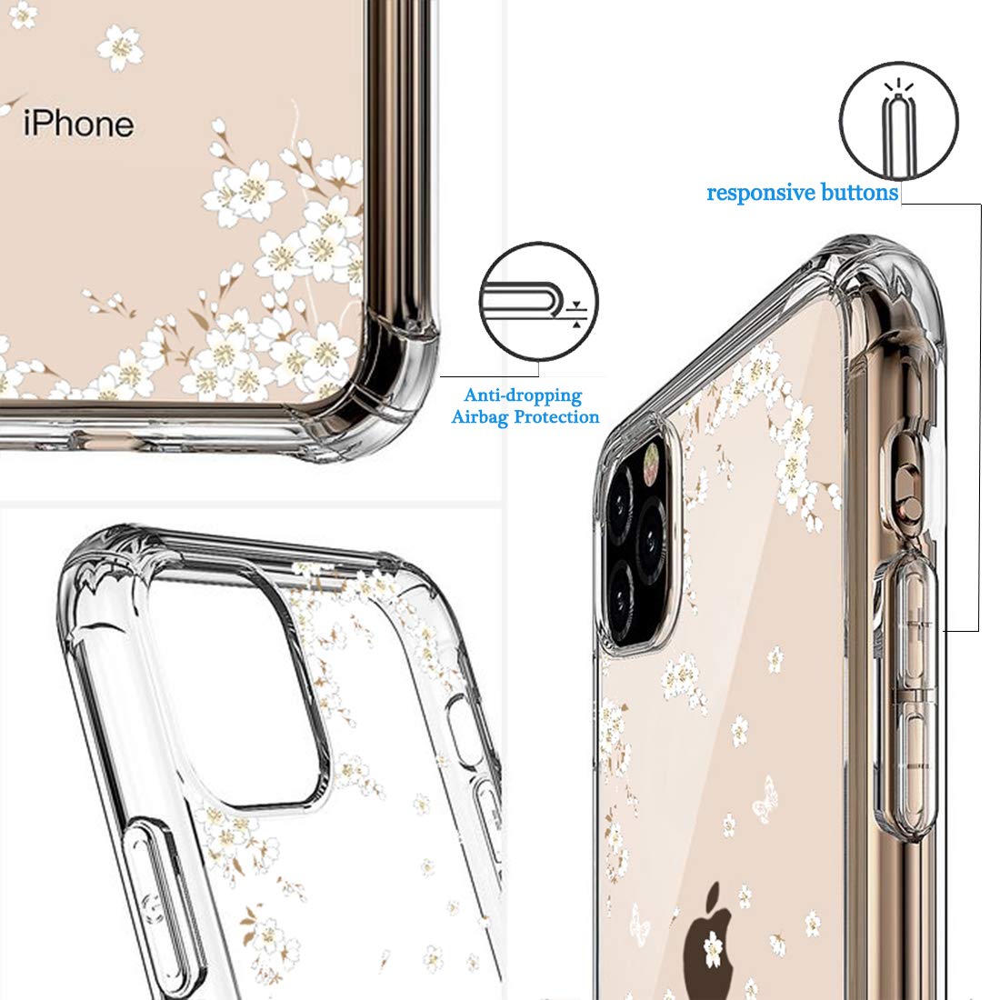UCMDA Compatible with iPhone 11 Pro Max Case - Flexible Slim Clear Silicone Cover Case for iPhone 11 Pro Max 6.5 Inch 2019 - White Sakura