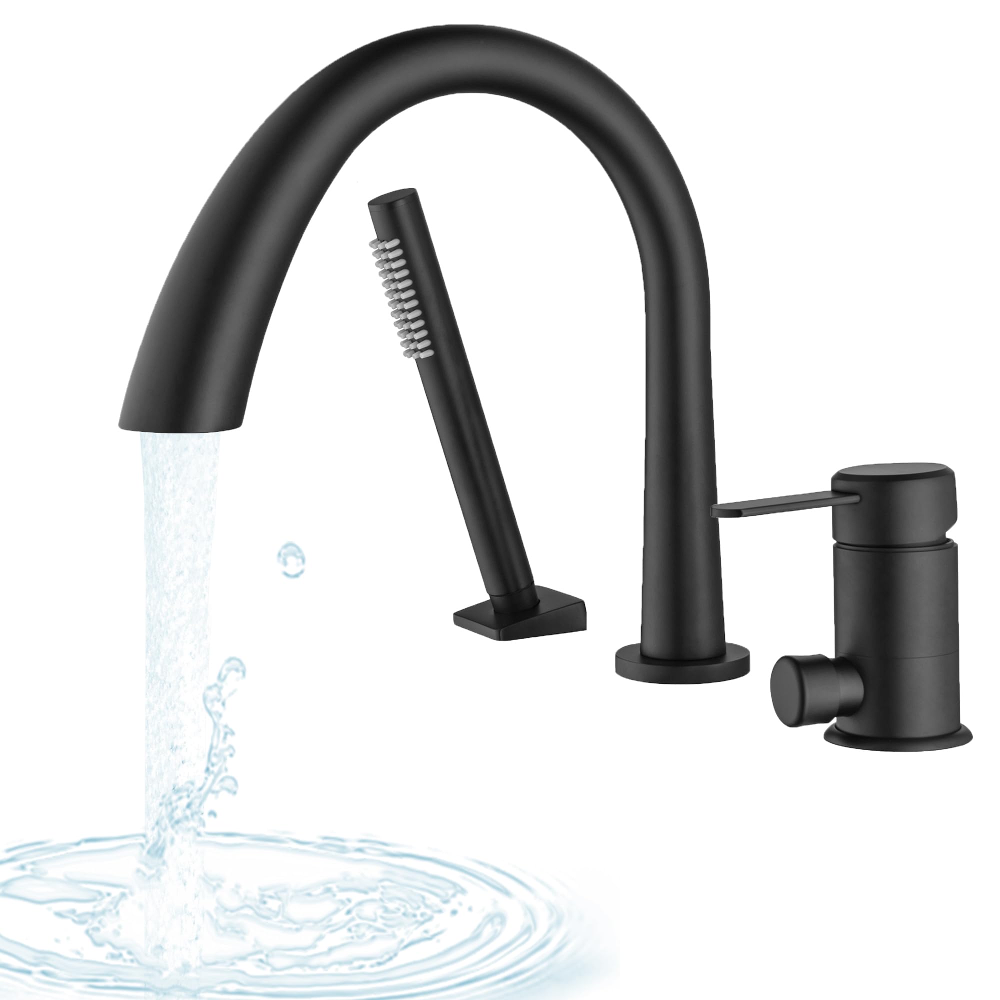 Photo 1 of SUBEIXI Roman Tub Faucet with Hand Shower Matte Black 3 Hole Deck Mount Bathtub Faucet with Sprayer All Metal High Flow Bathtub Faucet Tub Filler High Arch Spout