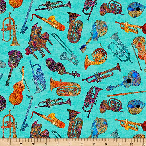 QT Fabrics Fine Tuning Batik Instruments Fabric, Aqua, Fabric By The Yard