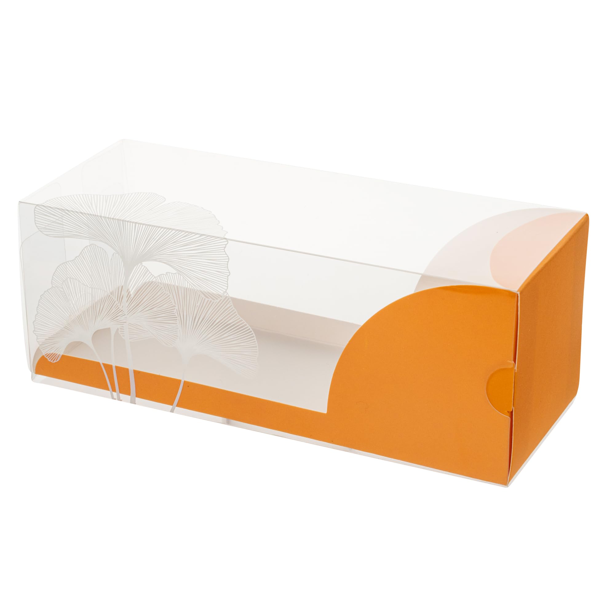 Photo 1 of Restaurantware-7 Inch x 2.5 Inch Clear Dessert Boxes, 100 Orange Paper Sleeve Transparent Candy Boxes - Leaf Accent, No Grease Lining, Clear Plastic Clear Favor Boxes, Crack Resistant, Disposable