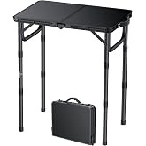 FUNYKICH 2ft Small Folding Camping Table(22.8'' Lx15.7'' W), 3 Height Adjustable Portable Picnic Table, Lightweight Aluminum Outdoor Table with Carry Handle for Camping, BBQ, Beach, Picnic, Black