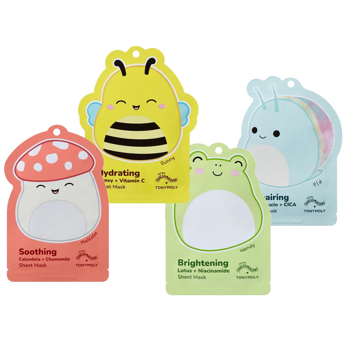 Photo 1 of **MISSING MUSHROOM & BEE** TONYMOLY x Squishmallows Stuffer Facial Hydrating Sheet Mask Set, Soothe, Repair, Hydrate Skincare Variety 4 Pack