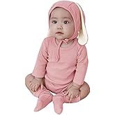 AGQT Baby Girls Easter Bunny Outfit Set Halloween Costume Rabbit Ear 3PCS Long Sleeve Animal Romper With Socks And Bunny Hat Pink Size 6-12 Months