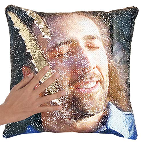 URSKYTOUS Reversible Nicolas Cage Sequin Pillow Case Decorative Mermaid Pillow Cover Color Changing Cushion Throw Pillowcase 16" x 16",Nicolas and Gold