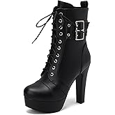 ForeMode Women's Goth Leather Block Heel Ankle Boots Fashion Studded Ankle Strap Trim Punk Boots