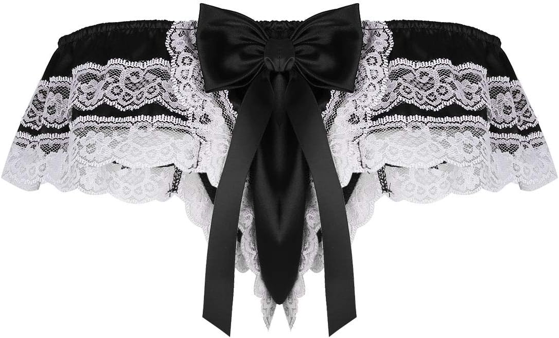 iiniimMens Shiny Satin Ruffled Frilly Floral Lace Bowkont Briefs Thong Sissy Girly Maid Crossdress Panties Underwear