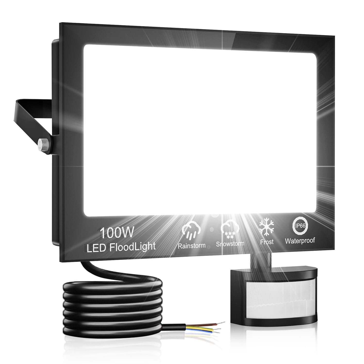 Hondony 100W Security Lights Outdoor Motion Sensor, 6500K Outside Security Lights with Sensor, IP66 Waterproof Pir Lights with Remote Control for Garden, Backyard, Garage, Doorways