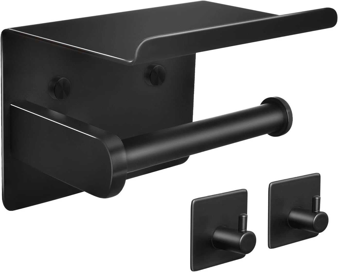 Tindbea Toilet Paper Holder with Shelf + Towel Robe Hooks, Adhesive or Screw Wall Mounted Toilet Paper Roll Holder, Stainless Steel Bathroom Hardware Set (Matte Black): Kitchen & Dining