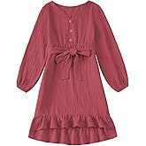 blibean Girls Cotton Long Sleeve Dresses Ruffled Semi Formal Dress Size 6-15 Years