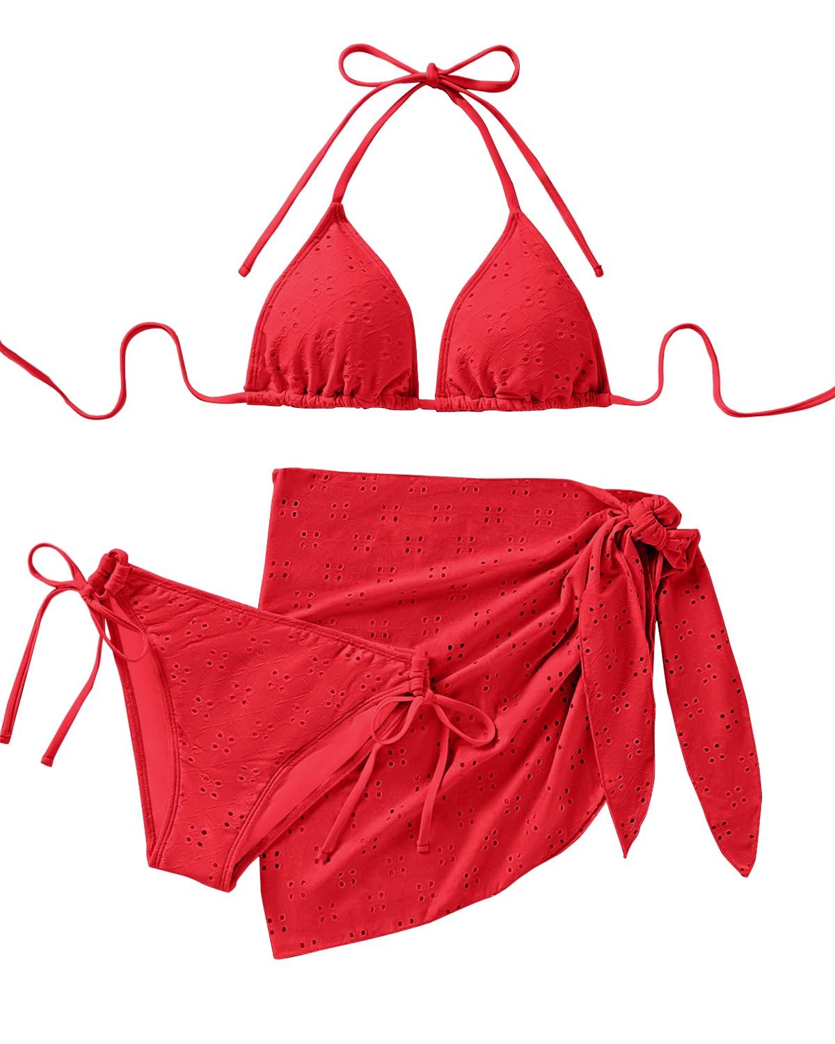 Photo 1 of Red Women 3 Piece Swimsuits - Halter Triangle Bikini Sets with Cover Up Sexy String Tie Side Bathing Suits M