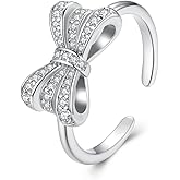 Shysnow Bow Ring for Women Dainty Open Adjustable Ribbon Bow Knot Cubic Zirconia CZ Ring Christmas Jewelry Accessory