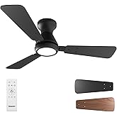 Ensenior 42 Inch Flush Mount Ceiling Fan with Light and Remote, Low Profile Ceiling Fans with Lights, 3 Blades (Black/Wood), Quiet DC Motor, 6 Speeds, 3 Color, Memory Function, Fan for Bedroom, Black