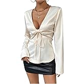 WDIRARA Women's Twist Tie Front Satin Blouse Ruched Deep V Neck Long Sleeve Tops
