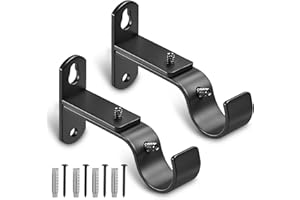 AMZSEVEN Adjustable Curtain Rod Brackets, Metal Window Drapery Rod Hanger Holders Hooks for 1 inch Rods (Black, Set of 2)