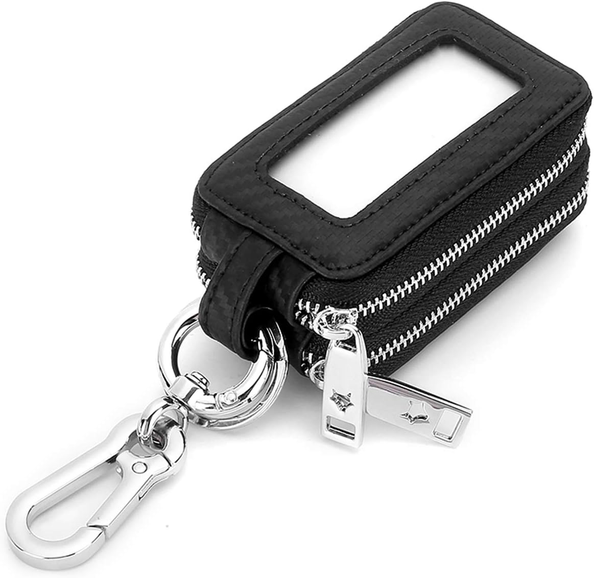 Aileder Car Key Case Wallet Genuine Leather Car Keyring Purse Keychain Holder Metal Hook and Window Double Zipper Bag for Remote Key Fob (Black)