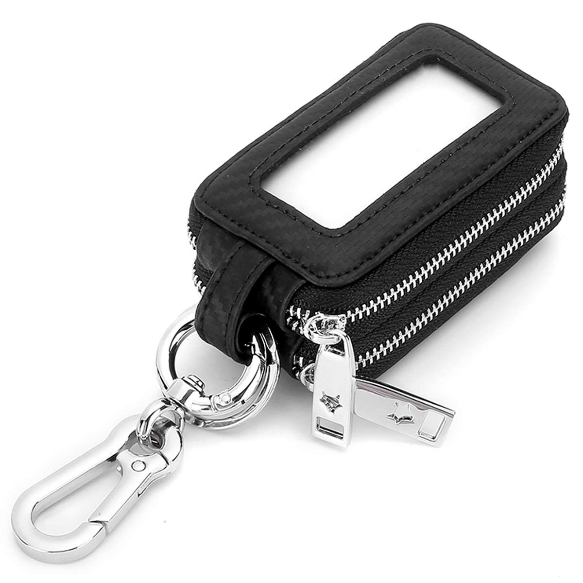 Aileder Car Key Case Wallet Genuine Leather Car Keyring Purse Keychain Holder Metal Hook and Window Double Zipper Bag for Remote Key Fob (Black)