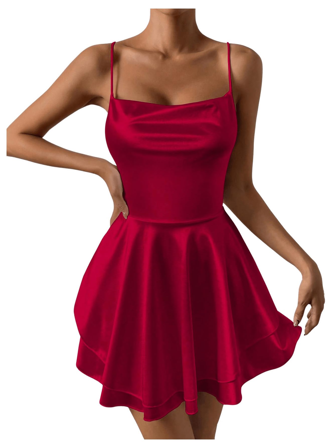 Photo 1 of SHENHE Women's Open Back Layered Flowy Criss Cross Strappy Backless Sexy Party Mini Dress Burgundy Large