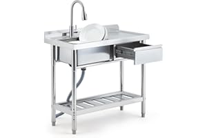 IDEALHOUSE Stainless Steel Utility Sink with Faucet – 39" Freestanding Single Bowl Prep Sink with Storage Drawer & Shelf, Dee