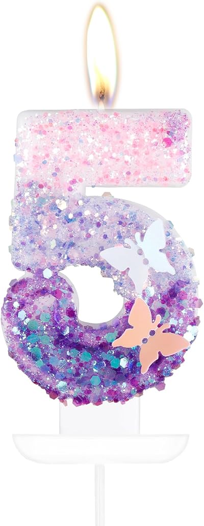 mciskin Purple Pink Butterfly Number 5 Candles Cake Topper Party Decor
