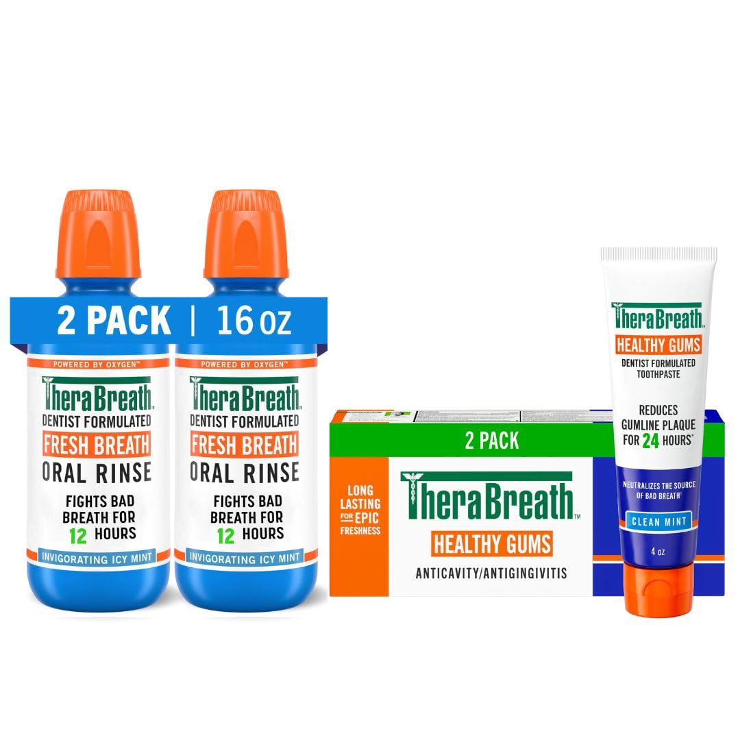 Bundle of TheraBreath Healthy Gums Toothpaste, 4 Oz, (2-Pack) + TheraBreath ICY Mint Mouthwash, Alcohol-Free, 16 oz (Pack of 2)