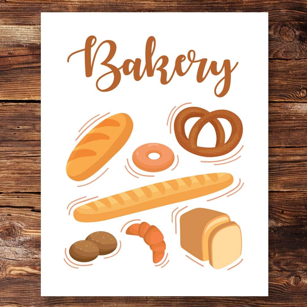 Bakery Wall Art Prints Pretzel Bread Bagel Rye Buns Croissant White Bread French Bread - Unframed 8x10 in - Decor for Home, Apartment or Coffee Shop - Funny Kitchen or Cafe Decoration Poster