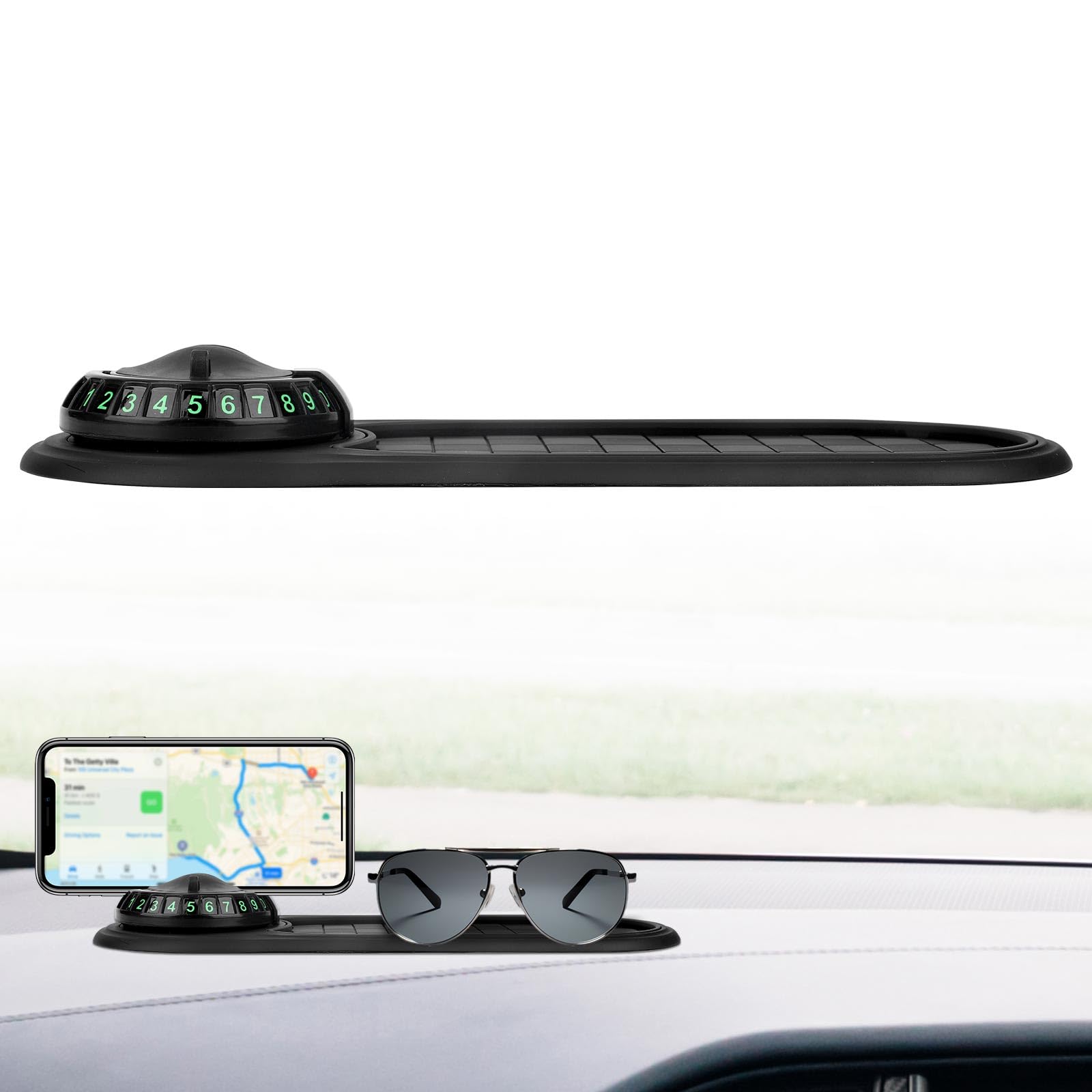 Photo 1 of BOXOB Multifunction Car Anti-Slip Mat with 360° Rotating Auto Phone Holder, Universal Dashboard Organizer Pad with Temporary Parking Number for Phones Keys Sunglasses Gadgets (Gray Black)