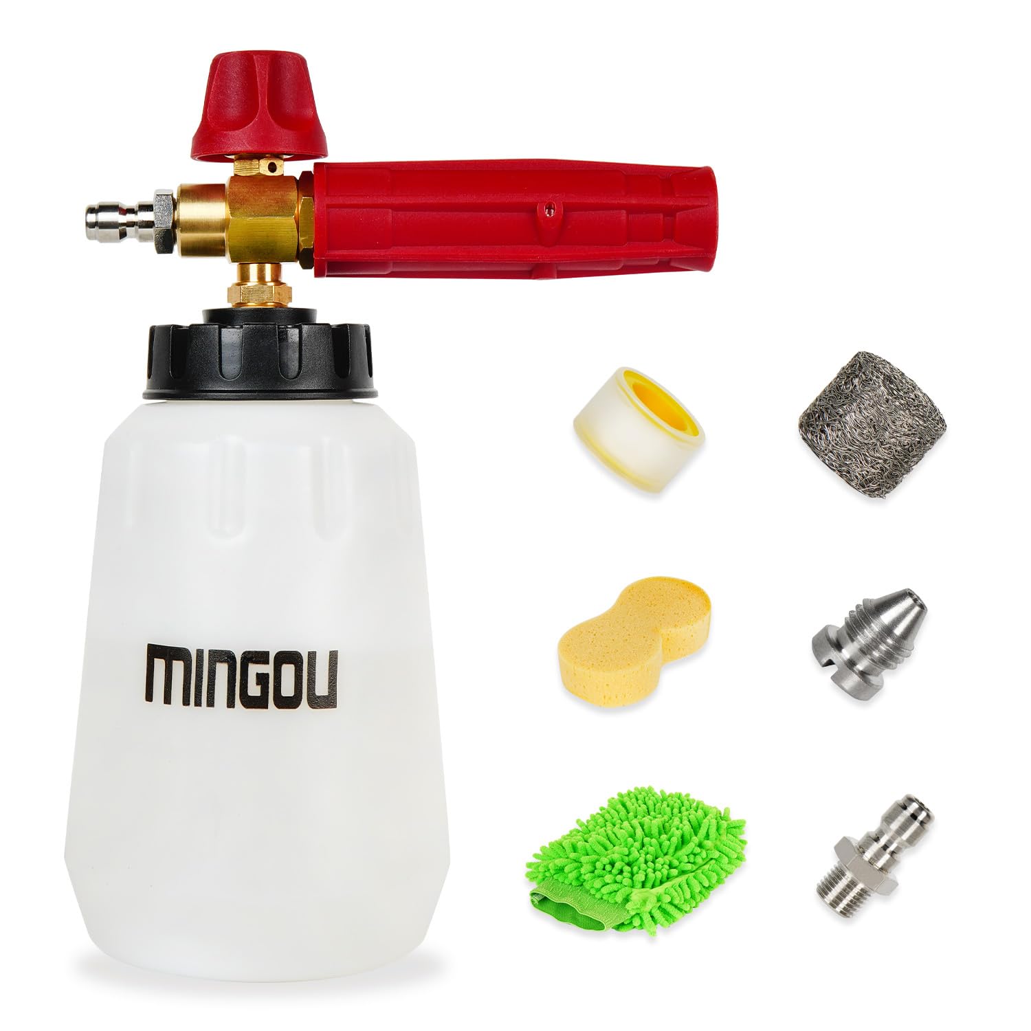 Photo 1 of MINGOU Foam Cannon for Pressure Washer Soap Dispenser Snow Foam Cannon Car Wash with 1/4" Quick Connector,1L Bottle, Additional 1.15 mm Orifice Nozzle(Red)