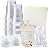 Xlong 50 Sets Clear Plastic Cups With Flat Lids,16oz Disposable Iced Coffee Cups with Straws and Stickers,Plastic Cups for Iced Coffee,Cold Drinks,Juice, Bubble Boba Tea,Smoothie, Milkshake