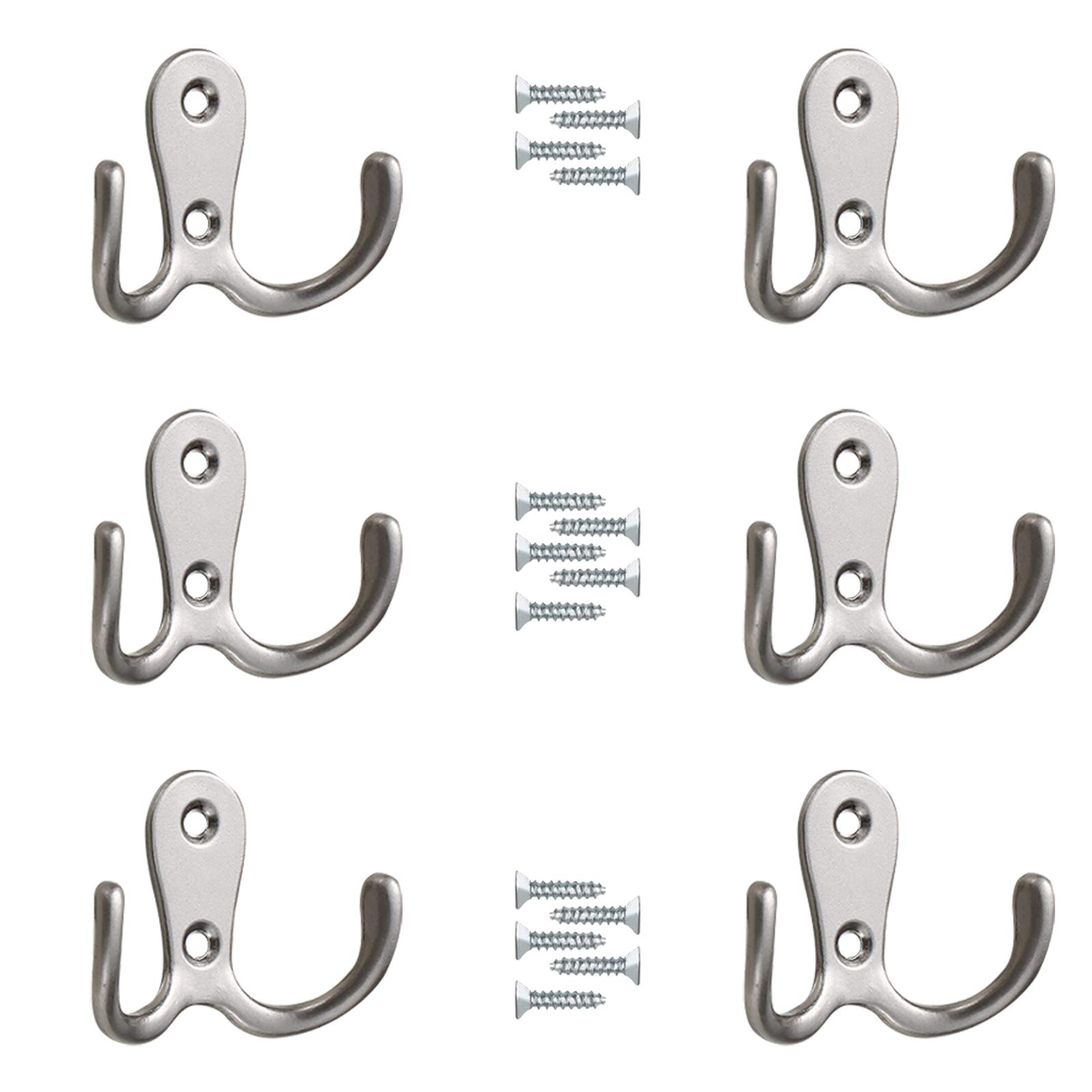 6Pcs Double Prong Robe Hooks Dual Coat Hooks Chrome Coat Hooks Double Door Hooks Wall Mounted Sliver Clothes Hooks Metal Coat Hangers with 24 Screws for Bedroom Bathroom Kitchen Hat Tie Clothes Towel