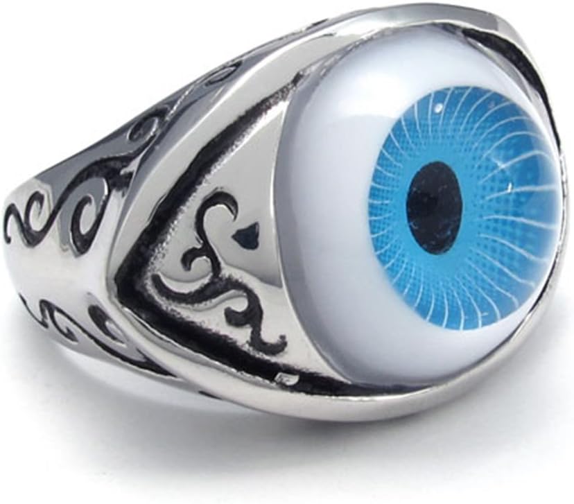 TEMEGO Jewelry Mens Stainless Steel Ring, Vintage Gothic Demon Eye Band, Blue Silver