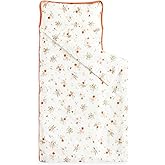 Wake In Cloud - Toddler Nap Mat with Pillow and Blanket, 100% Cotton Fabric, for Kids Girls in Daycare Kindergarten Preschool, Floral Botanical Flowers, Beige Orange, Standard