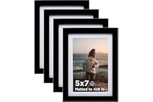 KINLINK 5x7 Picture Frame Black Set of 4, Wooden Photo Frames Matted 4x6 with Plexiglass for 4x6 with Mat or 5x7 without Mat for Table and Wall Display