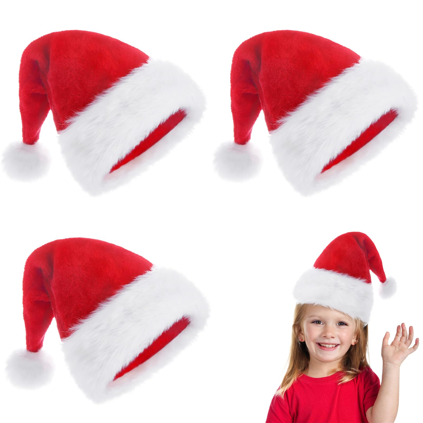 POPOYU 3Pcs Red Christmas Hats for Kids,Luxury Santa Plush Claus Hats,Fancy Dress Costume,Velvet Comfy Outfit New Year Xmas Party Supply,Thicken Classic Fur Decoration, Child 3P