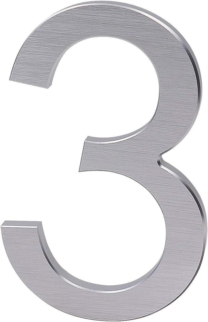 6 Inch Modern House Numbers- Premium Aluminum Floating Home Address Number with Exquisite Drawing Process, Silver, Number 3