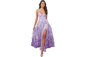 seezom Floral Printed Chiffon Prom Dress with Silt Spaghetti Straps Ball Gown Ruffle Hem Long Formal Evening Party Dress
