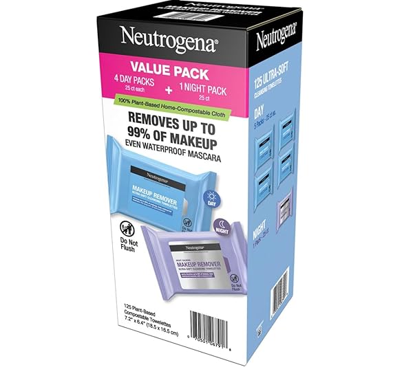 NEUTROGENA DAY & NIGHT FACIAL CLEANSING WIPES, MAKEUP REMOVER FACE CLEANSING TOWELETTES & NIGHT CALMING FACIAL CLOTHS, 100% PLANT BASED FIBERS WIPE AWAY DIRT & OIL, 5 PACKS OF 25 CT, 125 CT