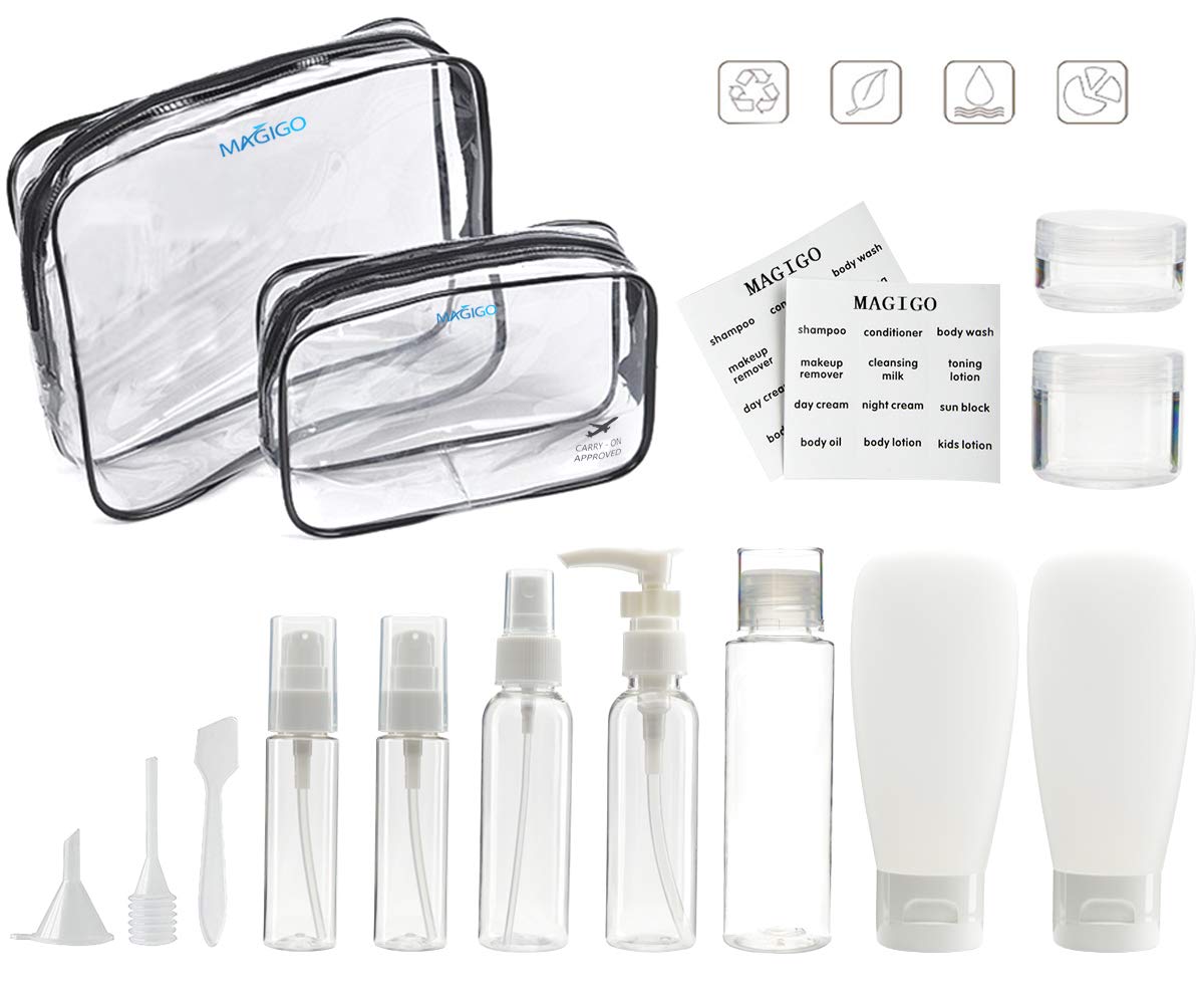 MAGIGO Toiletries Leak Proof Travel Bottle Set (15 Pack),TSA Approved Airline Carry-On with 2 Clear Bags for Man for Women