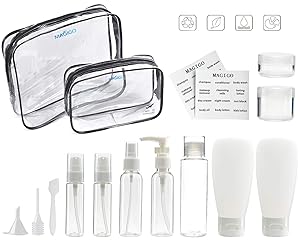 MAGIGO Toiletries Leak Proof Travel Bottle Set (15 Pack),TSA Approved Airline Carry-On with 2 Clear Bags for Man for Women