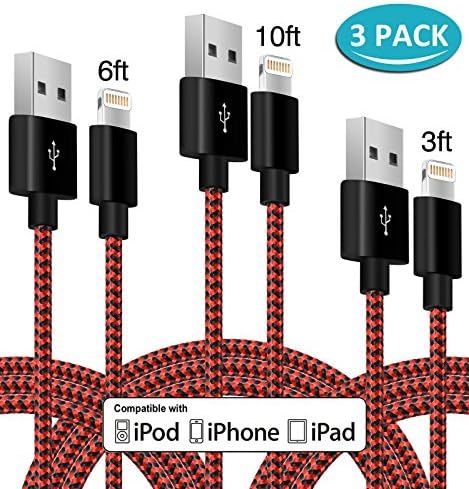 BoYao iPhone Cable, 3Pack 3FT 6FT 10FT Nylon Braided iPhone Charger Cord for iphone 7/ 7Plus/ SE/ 6s/ 6 /6 Plus/ 6s Plus/ 5s/ 5c/ 5/ iPad Air/ Mini/ iPod Nano/ Touch (Red)