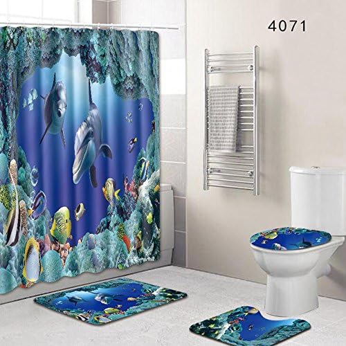 WillsCase Merry Christmas 4pcs/set Bathroom Mat Set 3D Blue Ocean Seabed Fish Scenery Pattern Non Slip Bath Rug Microfiber 180x180cm Shower Curtain Mat/Rings Anti Slip Toilet Mat Sets