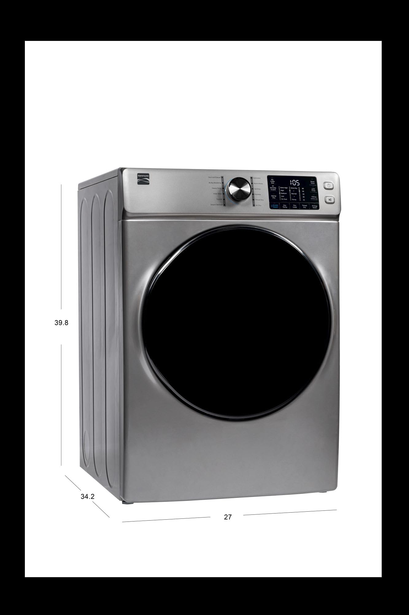 Kenmore 8.0 cu. ft. Front Load Gas Dryer - Wrinkle Guard with Accela Steam to Reduce Static and Odors - Sanitize & Smart Sensor Drying - LED - Metallic Silver